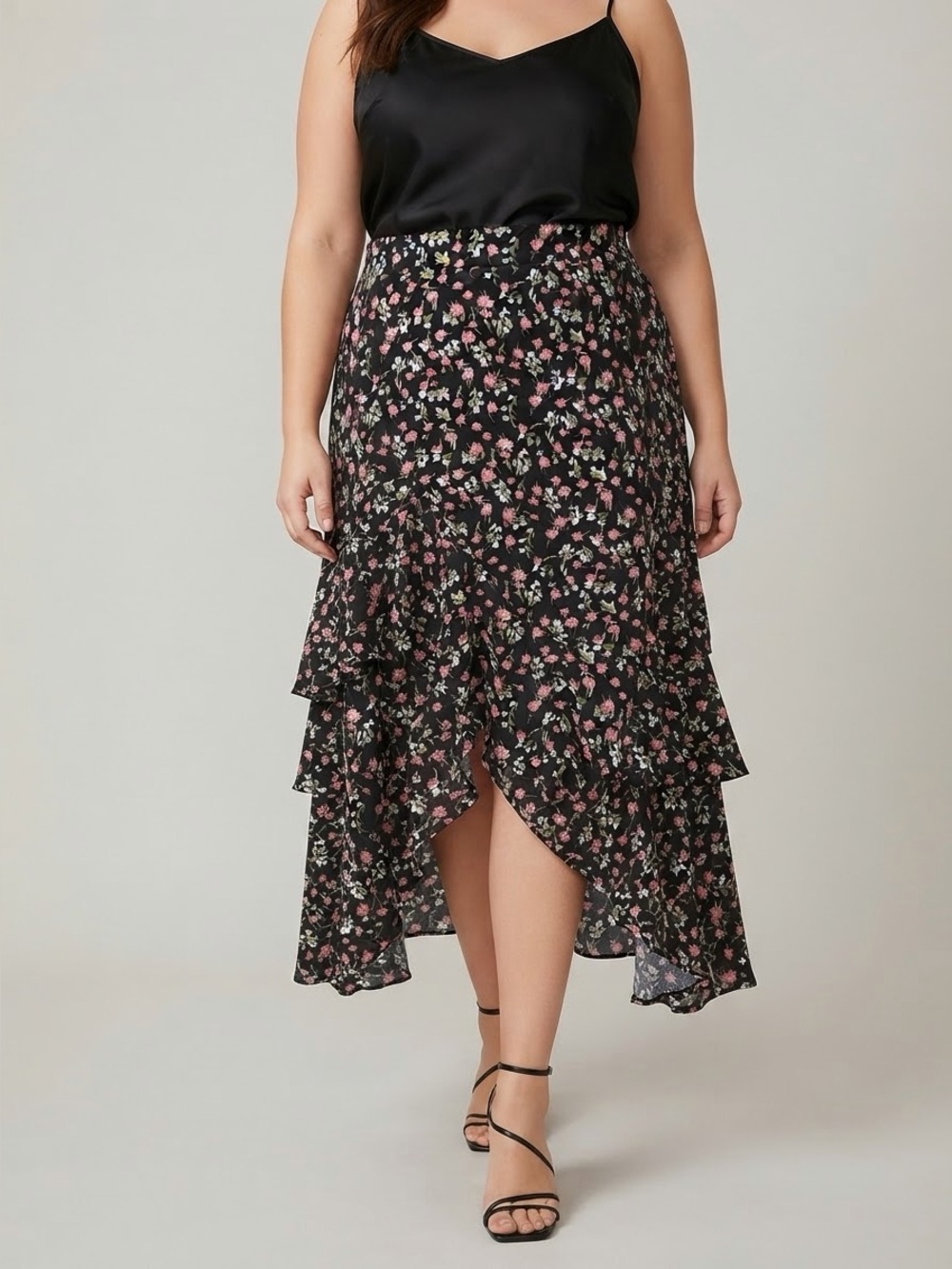 BTFBM Black Pink Floral Ruffle Hi-Low Ruffled Midi Skirt XL NWT Elastic